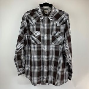 Ely Cattleman Retro Western Style Summer Weight Plaid Pearl Snaps Shirt Size L